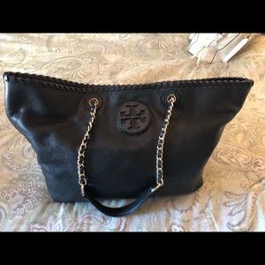 Tory Burch Black Leather Whipstitch handbag euc